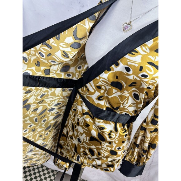 BCBG Maxazria Y2k Satin Adele Wrap Dress M Black Gold Long Sleeves Abstract - Picture 10 of 14